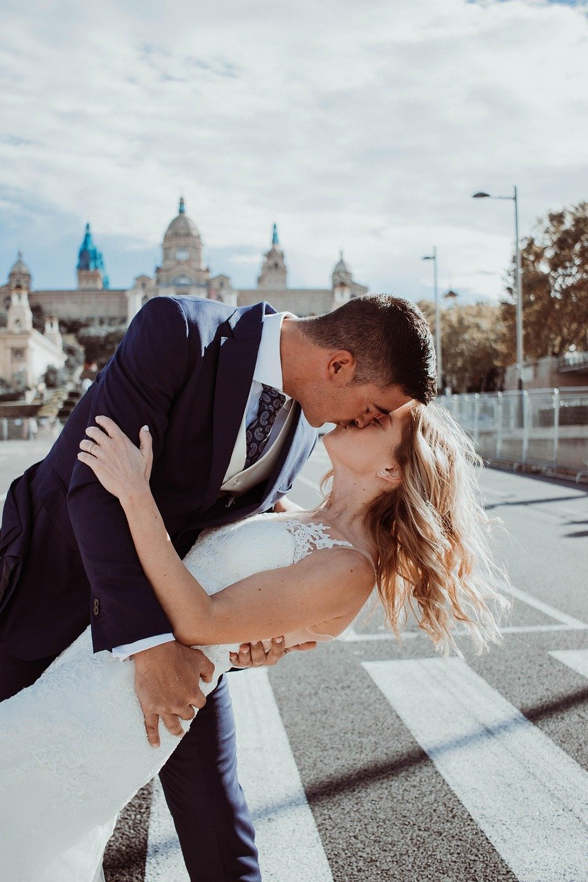 Bride and Groom Kiss Stock Photo